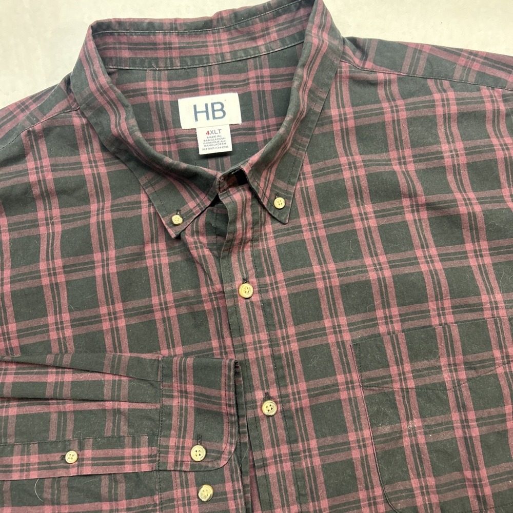 HB Shirt Men 4XLTBlack Berry Plaid Chest Pocket Long Sleeve Collared Button Down